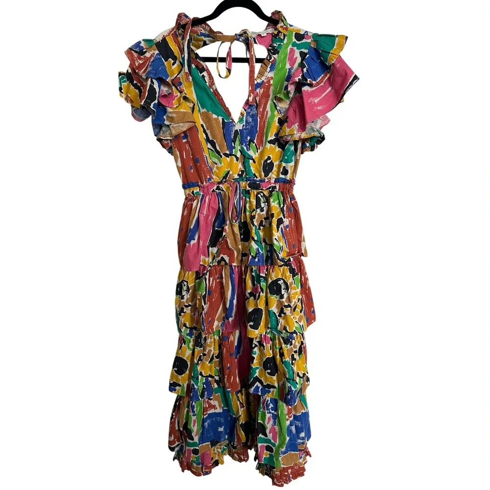 Love‎ the Label Penelope Ruffle Tiered Maxi Dress Abstract Multi Color Small